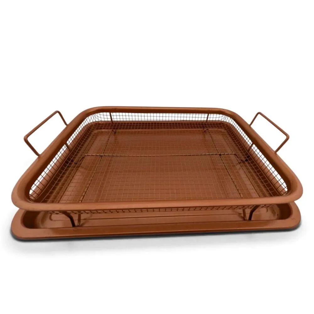 Copper Nonstick Baking Tray Roasting Pan w Mesh Basket Rack 2 Pc Set 12.75